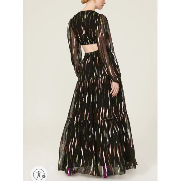 Shoshanna Black Metallic Ribbon Maxi Dress SIZE 6 Cut Out Balloon Sleeves $648 - Picture 11 of 11